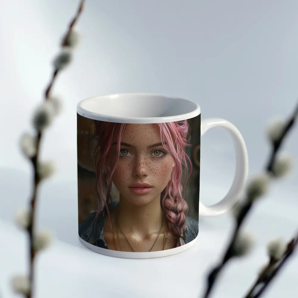 Pink Haired Girl Freckles Boho Portrait – Mugs