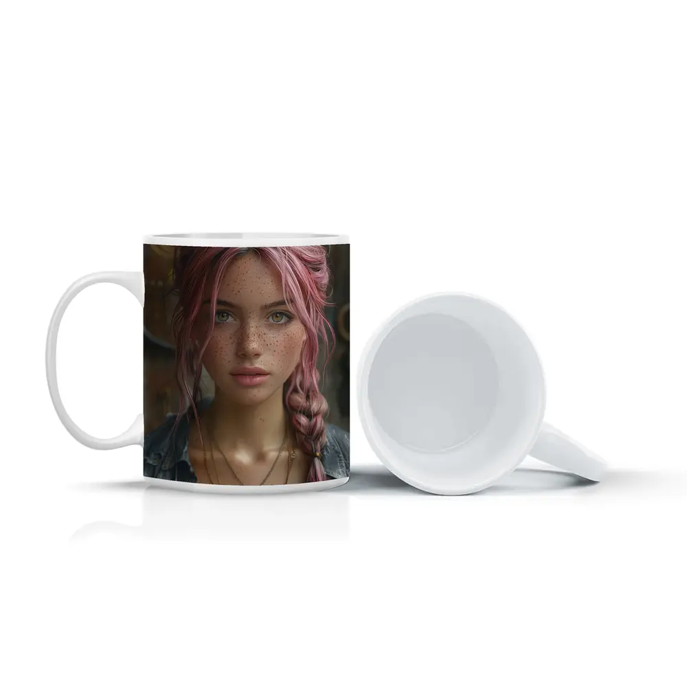 Pink Haired Girl Freckles Boho Portrait – Mugs