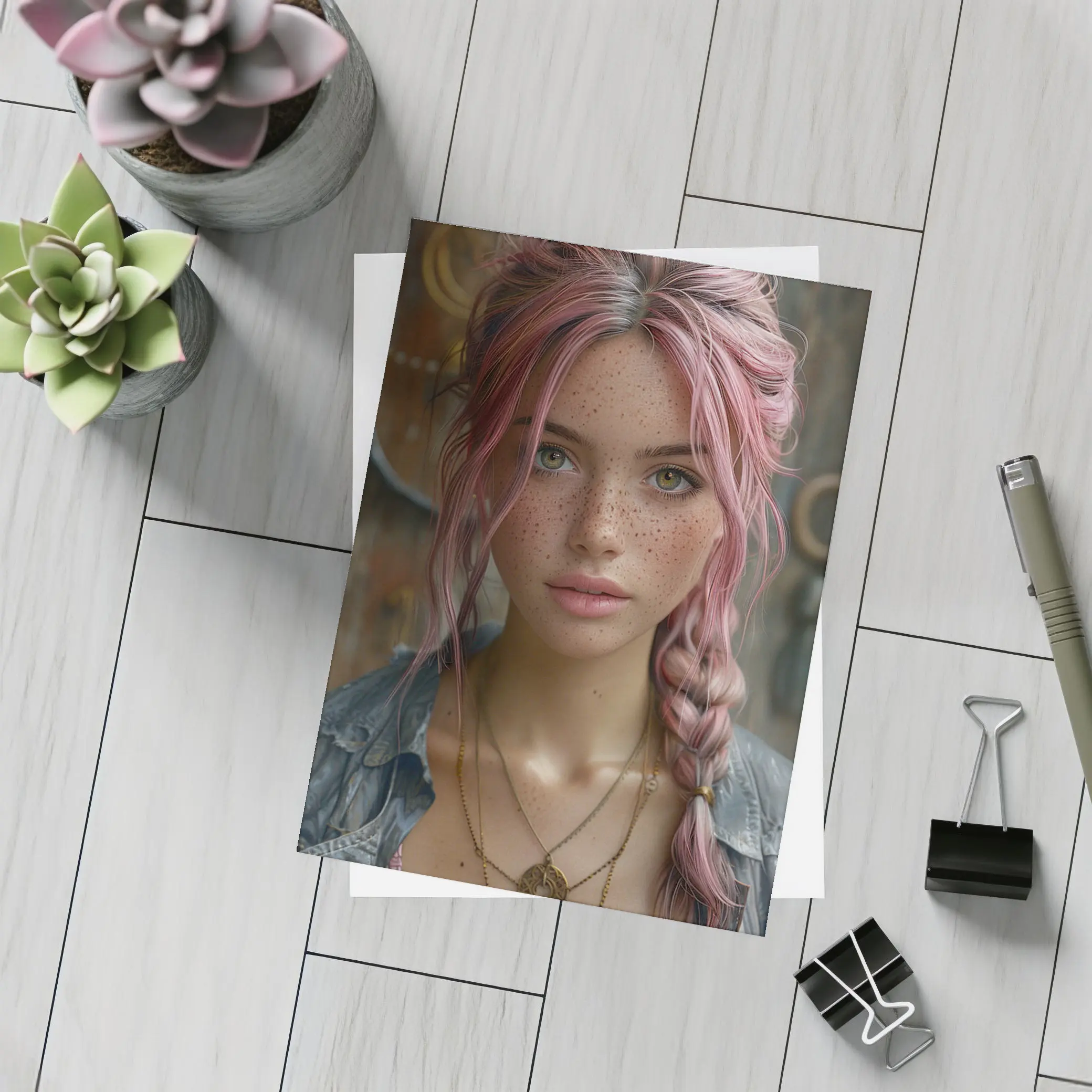 Pink Haired Girl Freckles Boho Portrait – Postcards