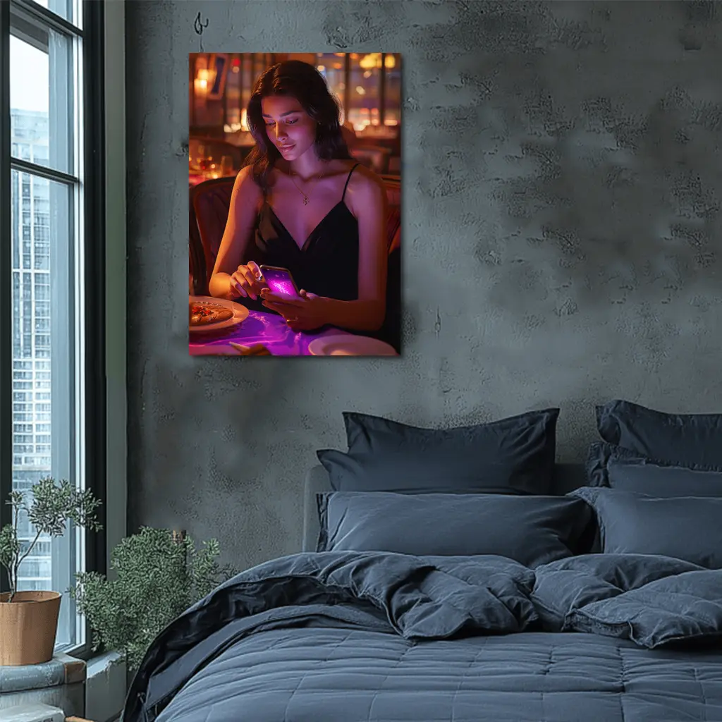 Woman On Phone Restaurant Warm Night – Wall Art
