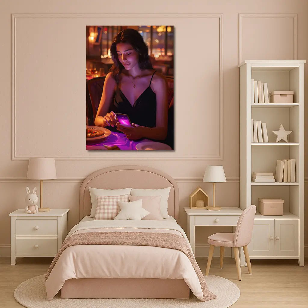 Woman On Phone Restaurant Warm Night – Wall Art