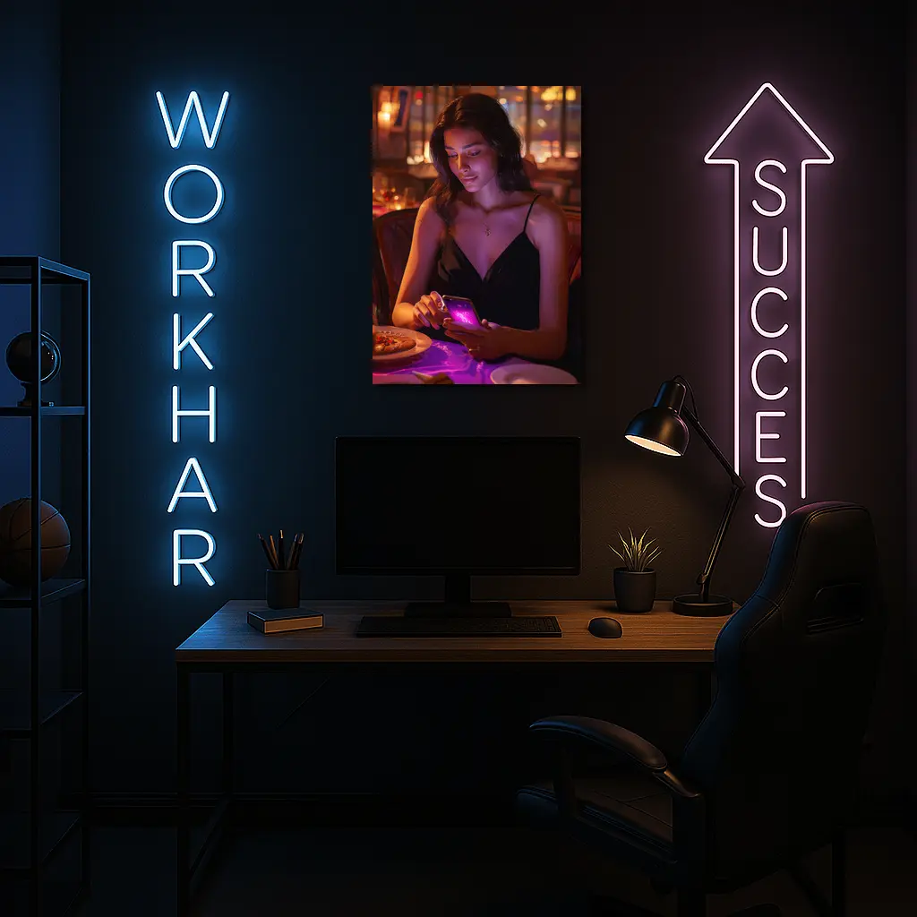 Woman On Phone Restaurant Warm Night – Wall Art