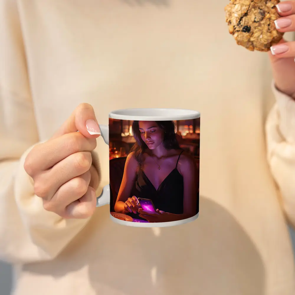 Woman On Phone Restaurant Warm Night – Mugs