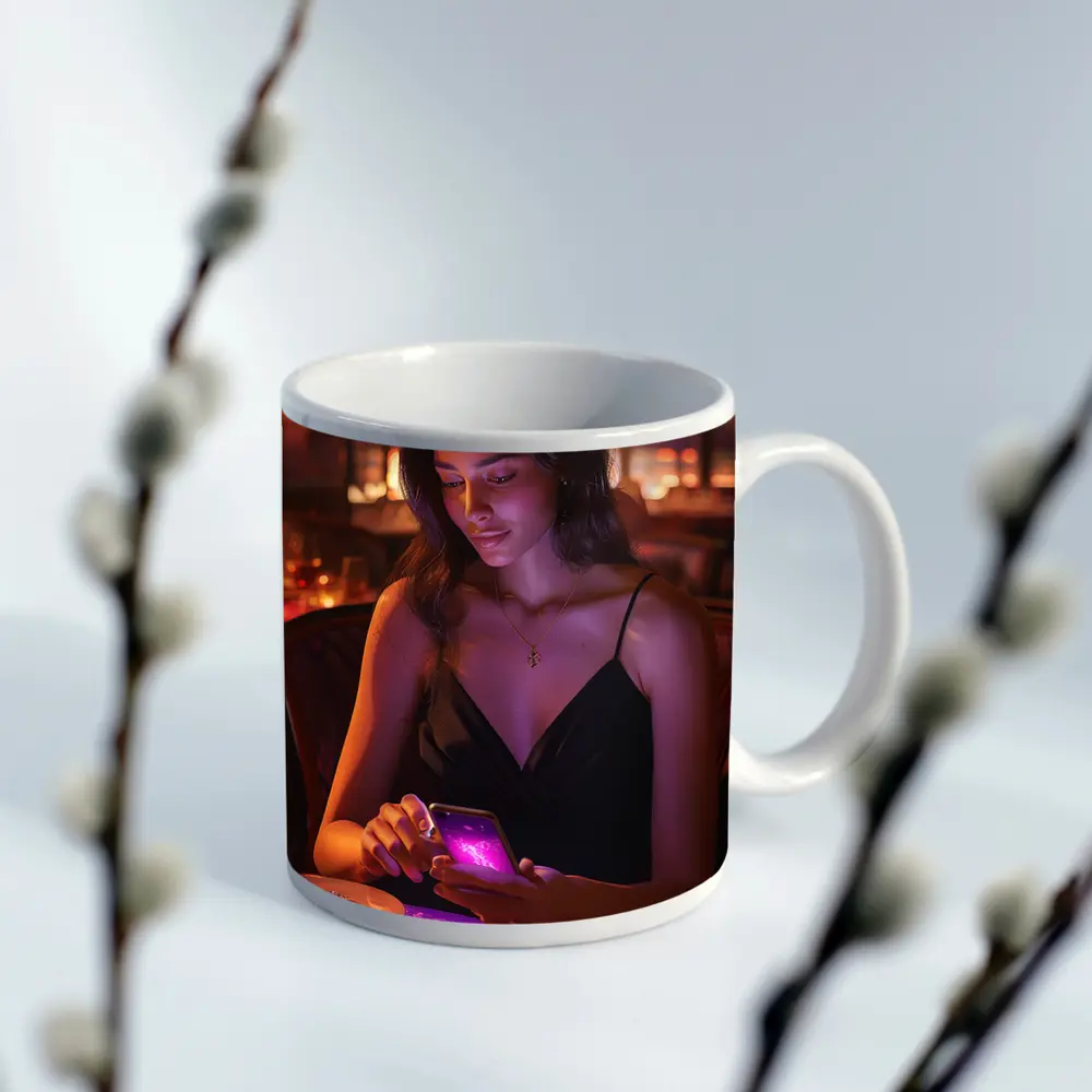 Woman On Phone Restaurant Warm Night – Mugs