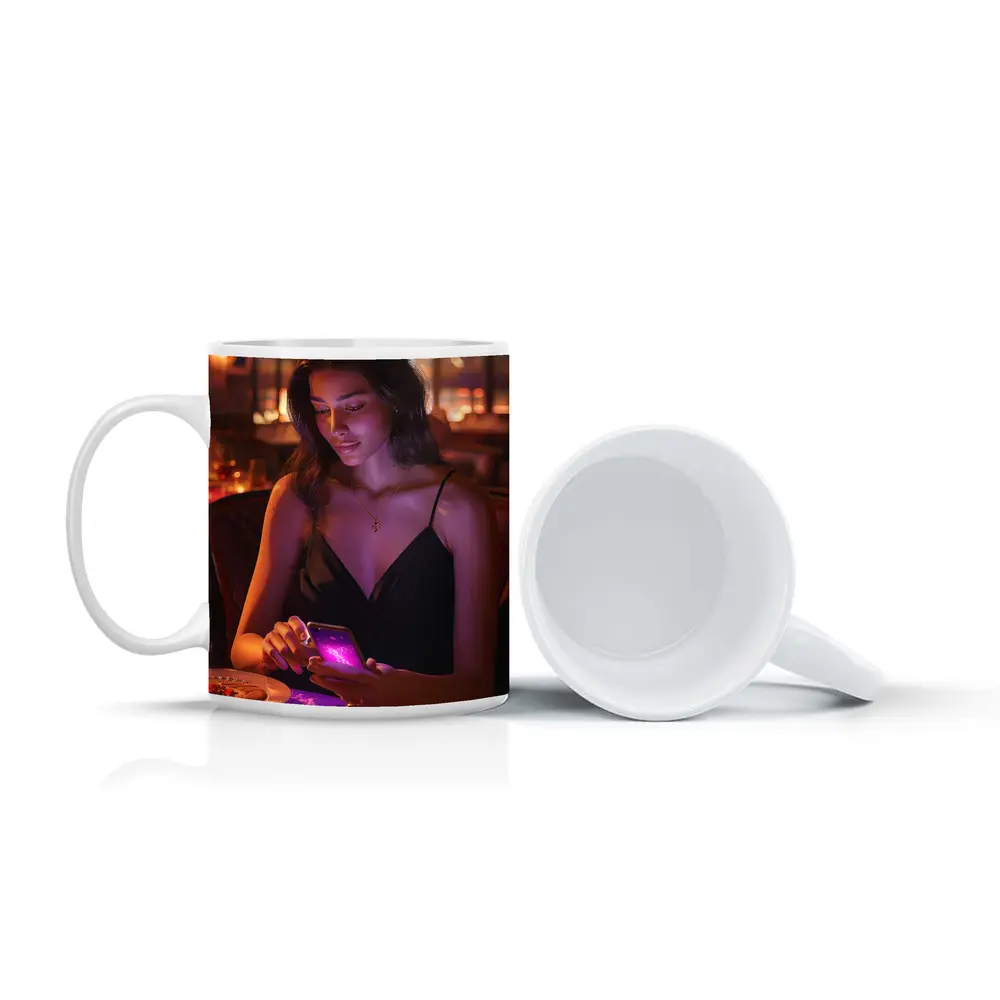 Woman On Phone Restaurant Warm Night – Mugs