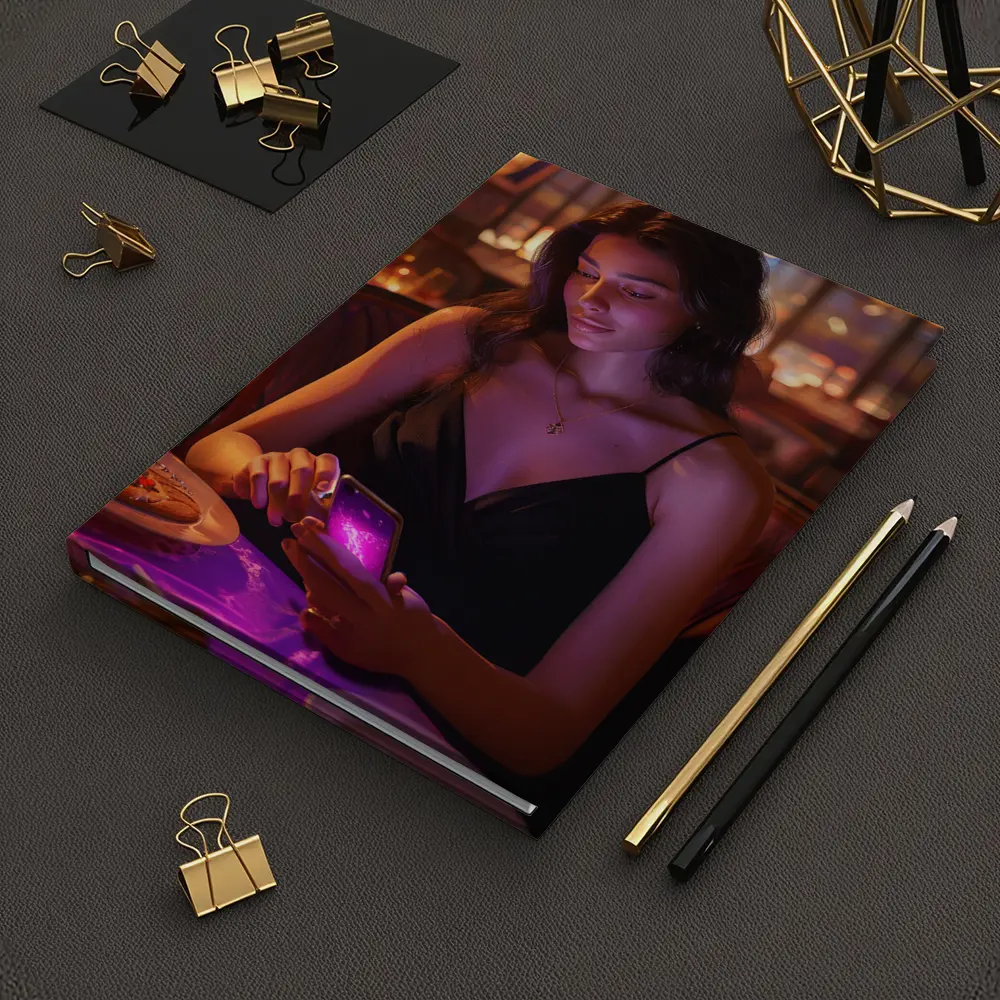 Woman On Phone Restaurant Warm Night – Notebooks