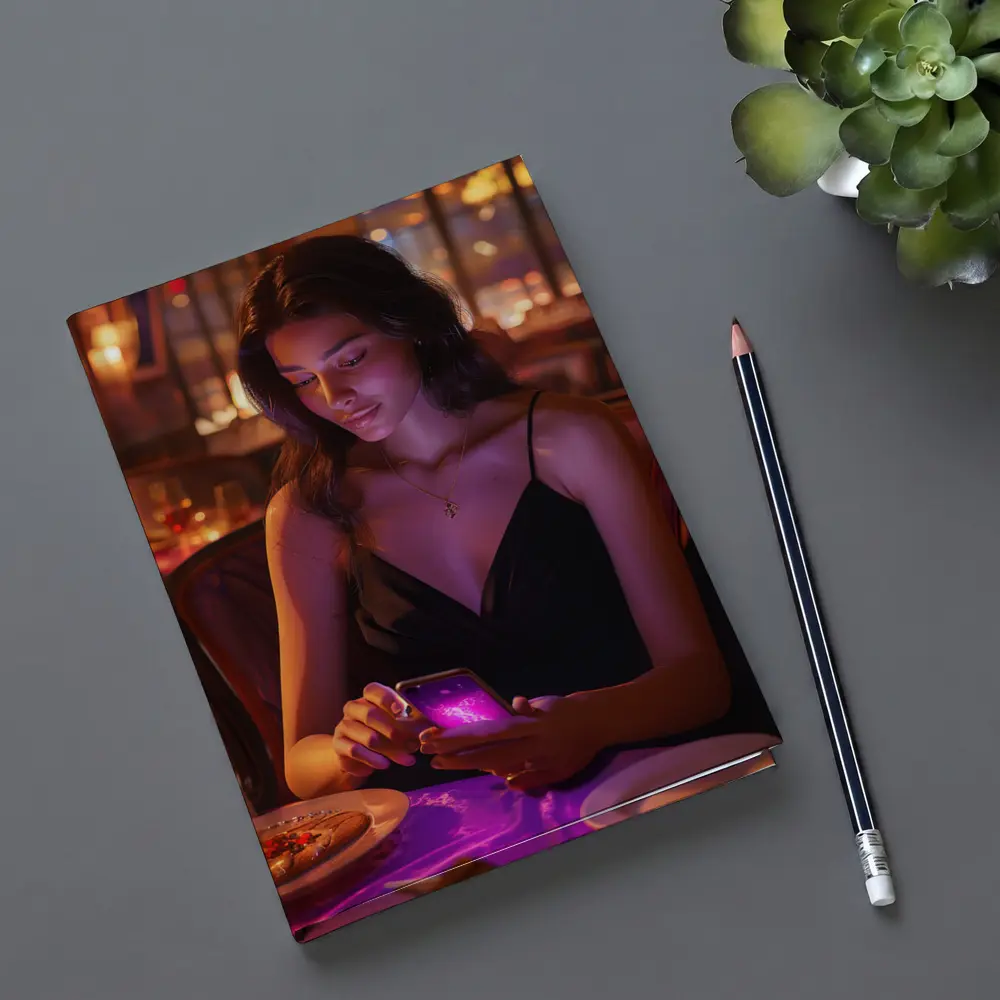 Woman On Phone Restaurant Warm Night – Notebooks
