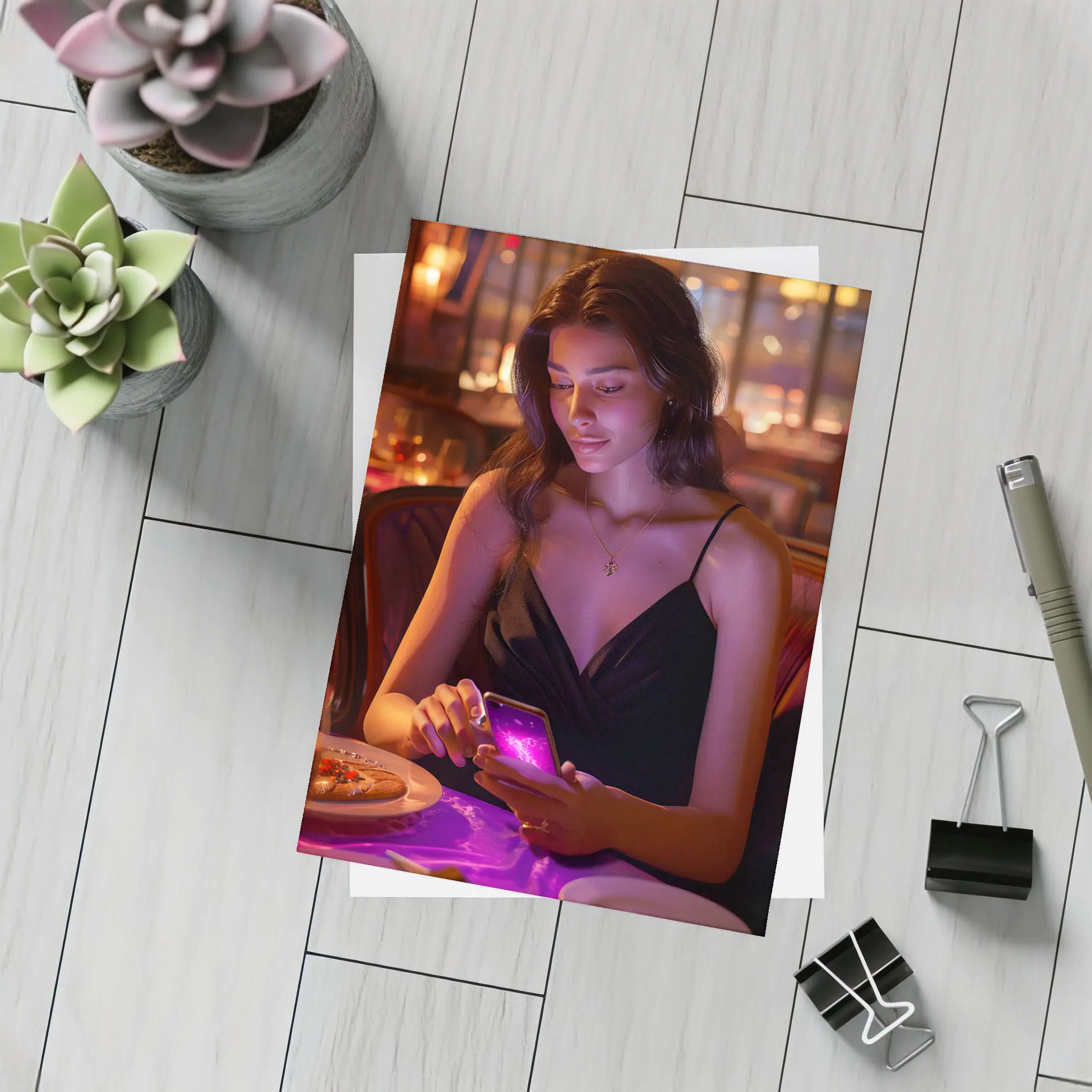 Woman On Phone Restaurant Warm Night – Postcards