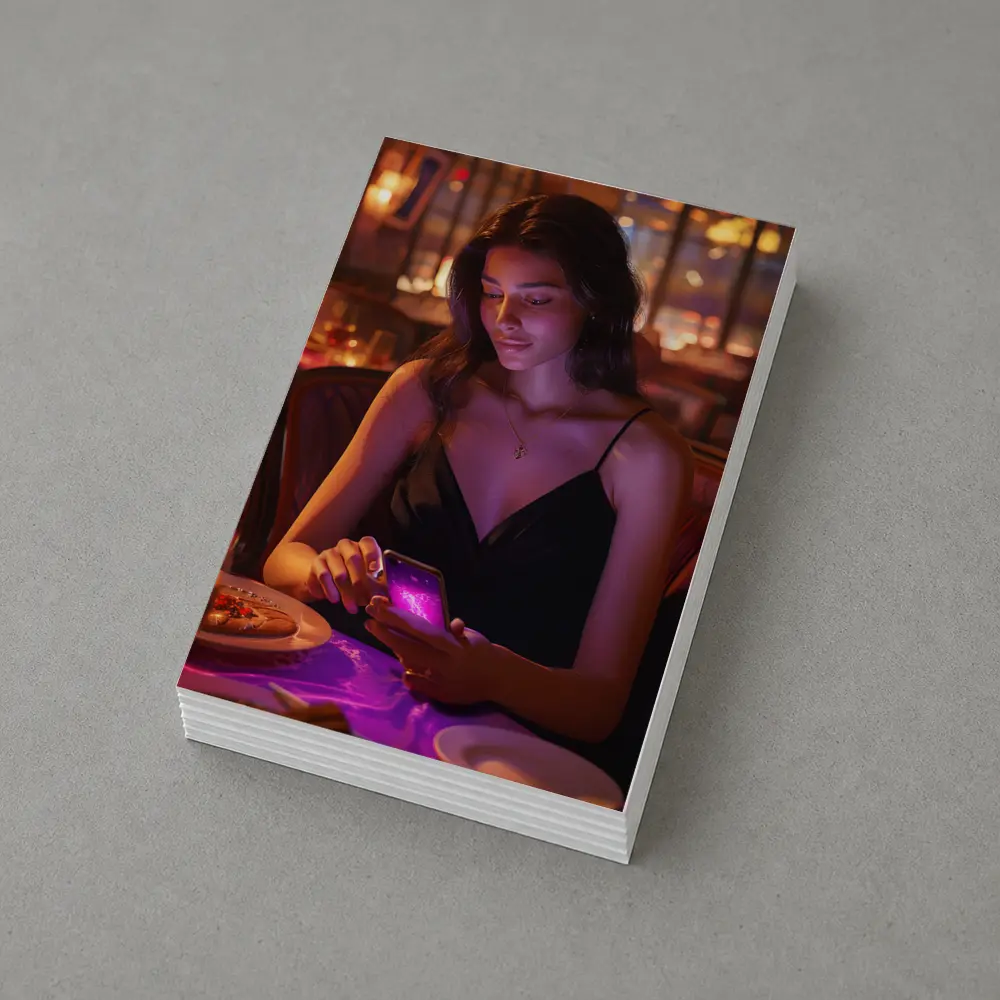 Woman On Phone Restaurant Warm Night – Postcards