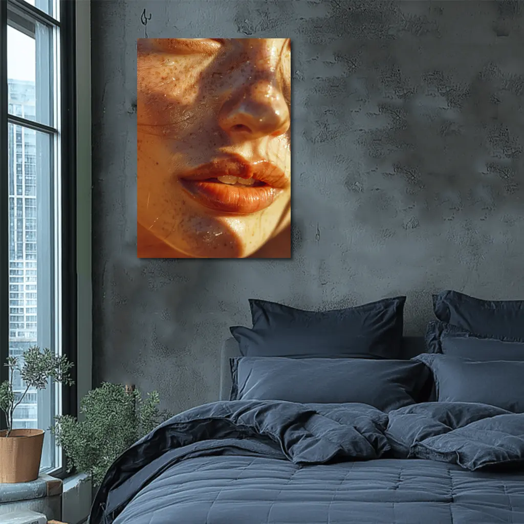 Close Up Woman Face Freckles Warm Light – Wall Art