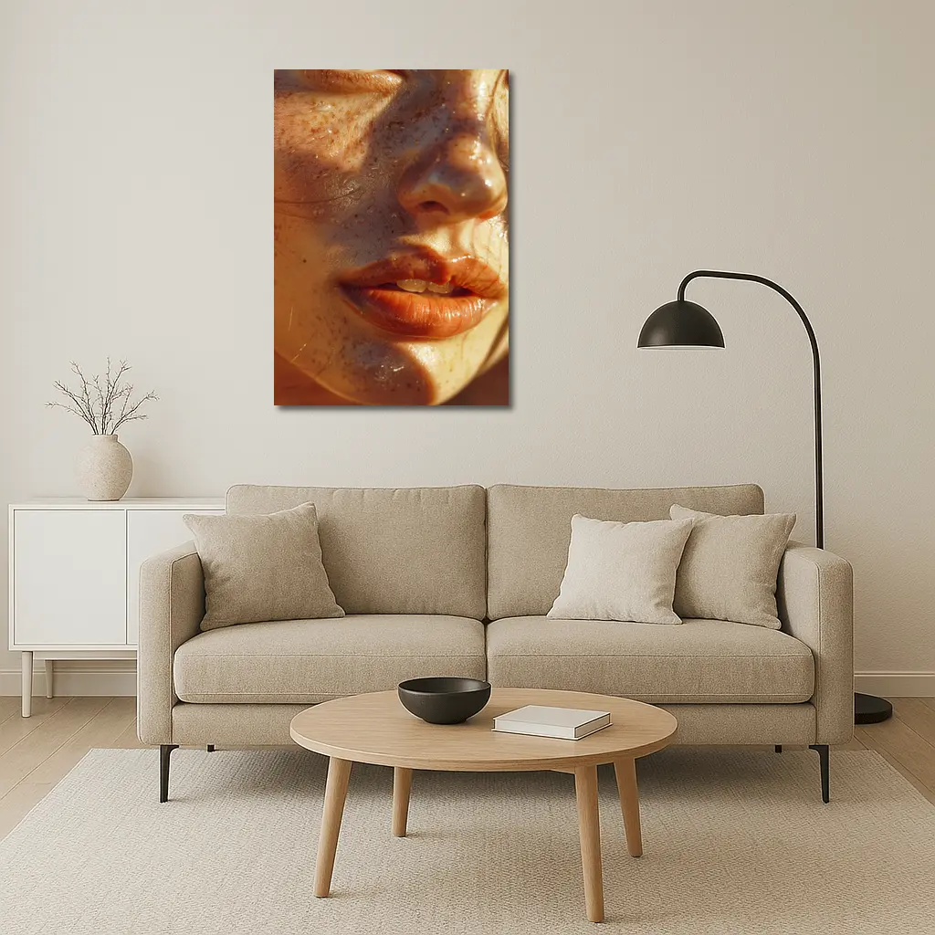 Close Up Woman Face Freckles Warm Light – Wall Art
