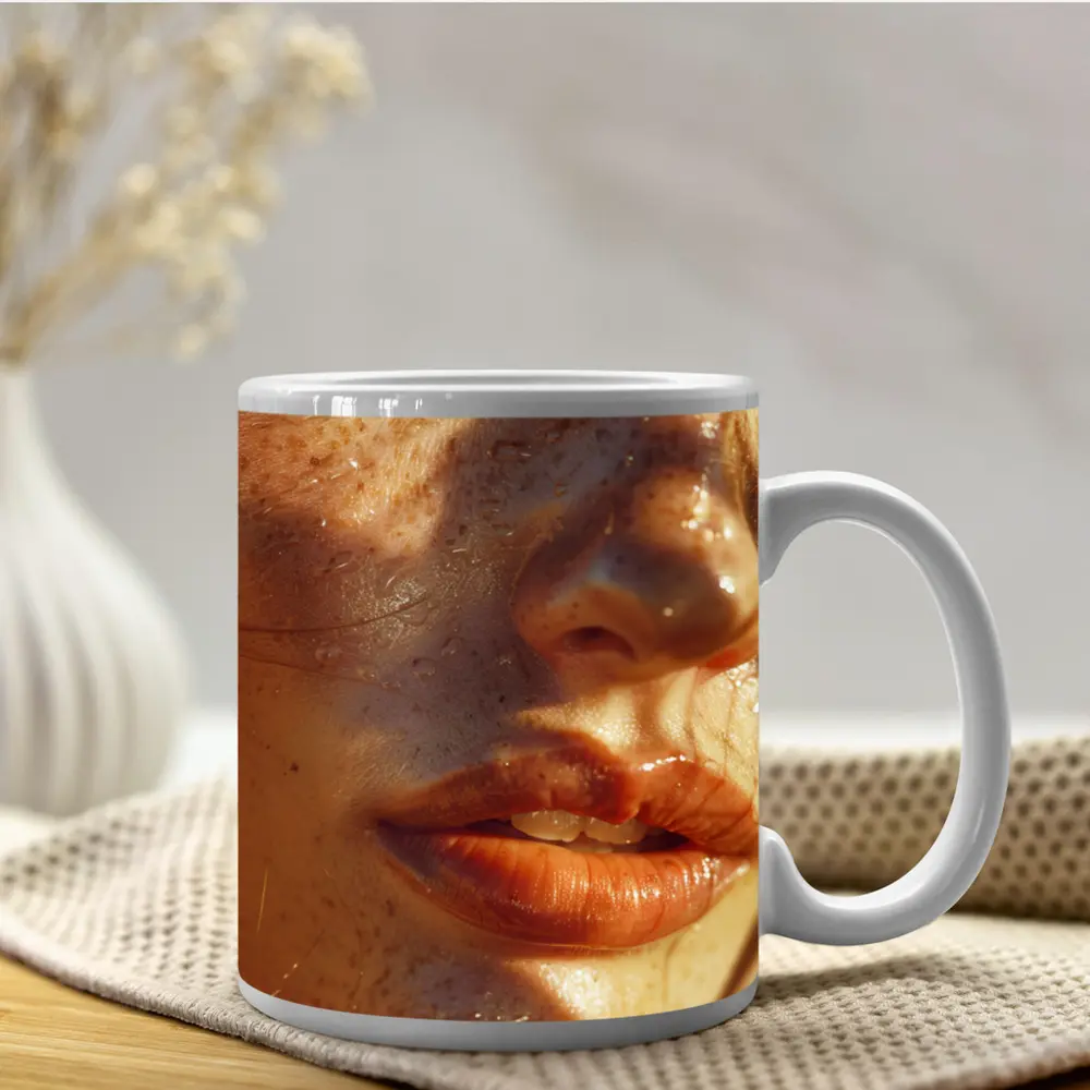 Close Up Woman Face Freckles Warm Light – Mugs