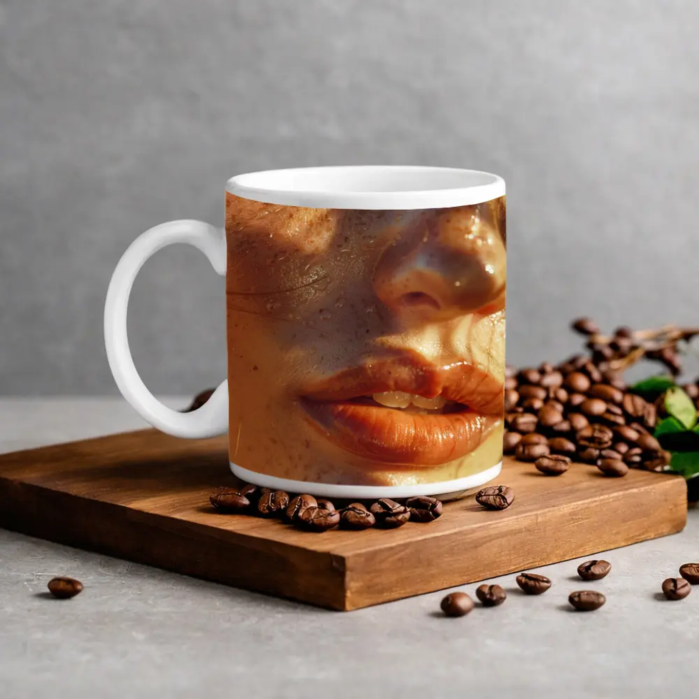 Close Up Woman Face Freckles Warm Light – Mugs