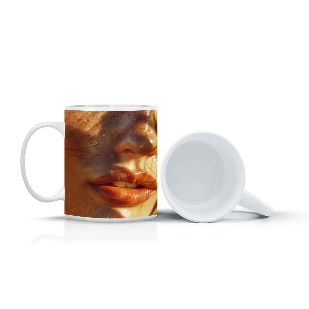 Close Up Woman Face Freckles Warm Light – Mugs