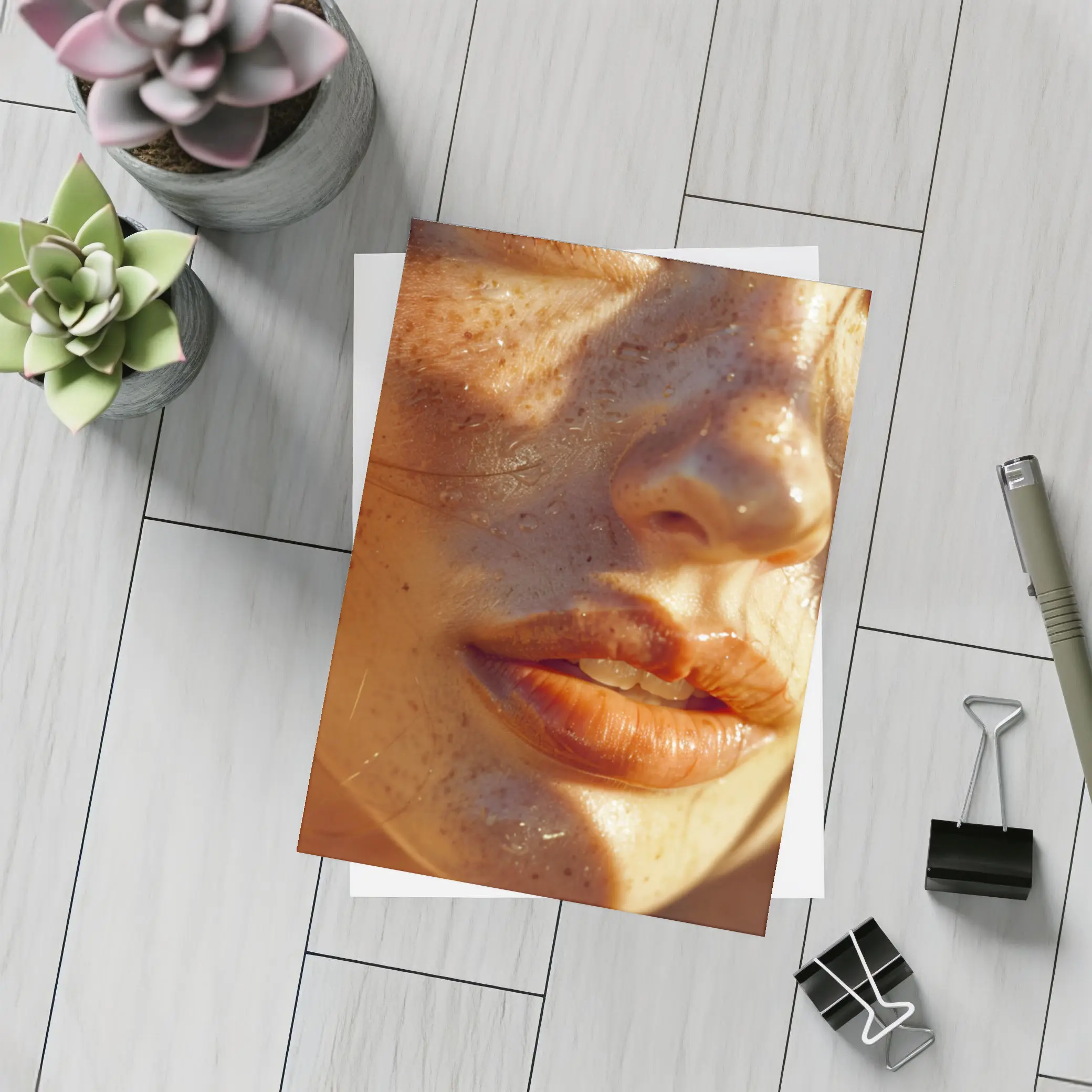 Close Up Woman Face Freckles Warm Light – Postcards