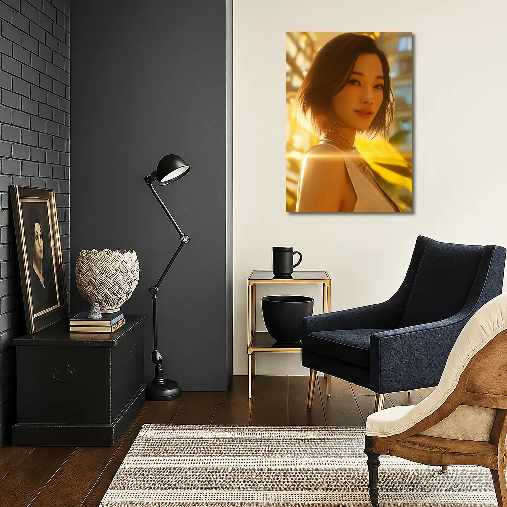Asian Woman Portrait Golden Sunlight Urban Background – Wall Art