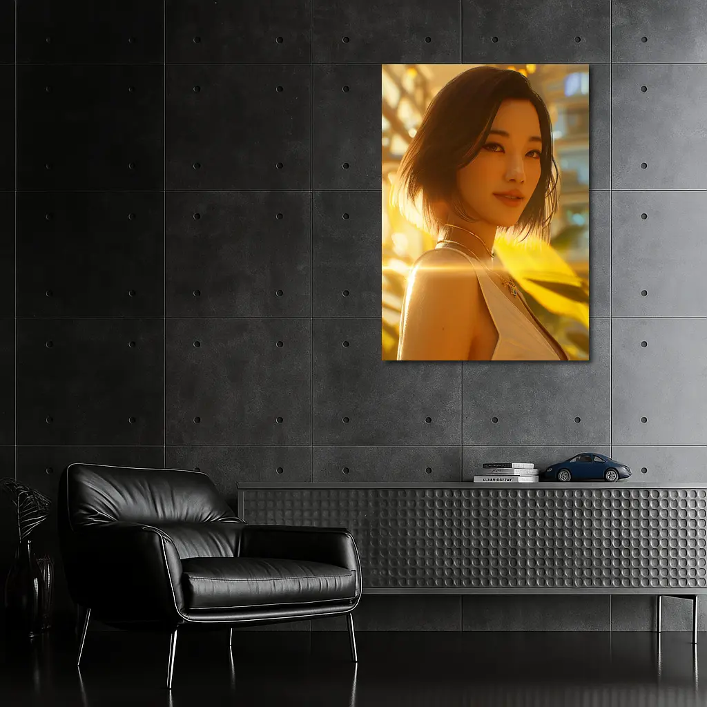 Asian Woman Portrait Golden Sunlight Urban Background – Wall Art