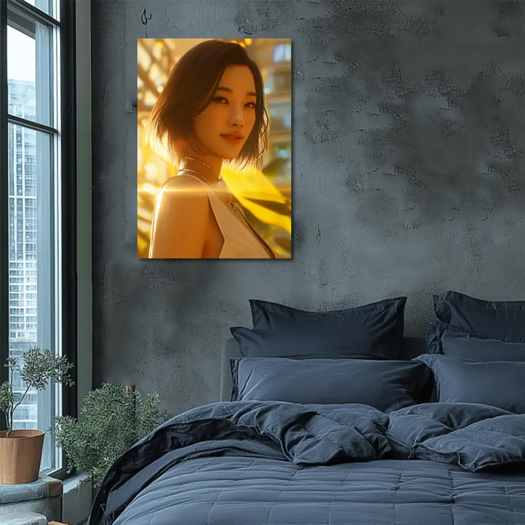 Asian Woman Portrait Golden Sunlight Urban Background – Wall Art