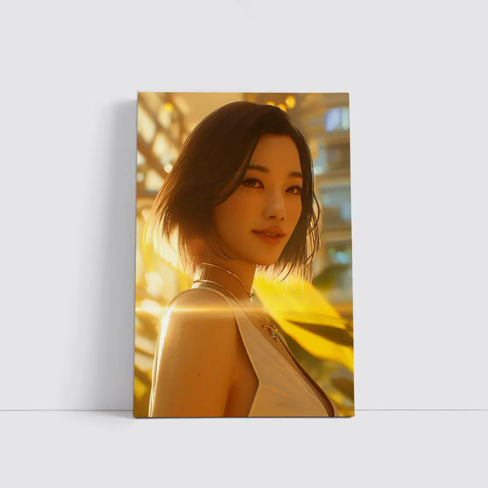 Asian Woman Portrait Golden Sunlight Urban Background – Wall Art