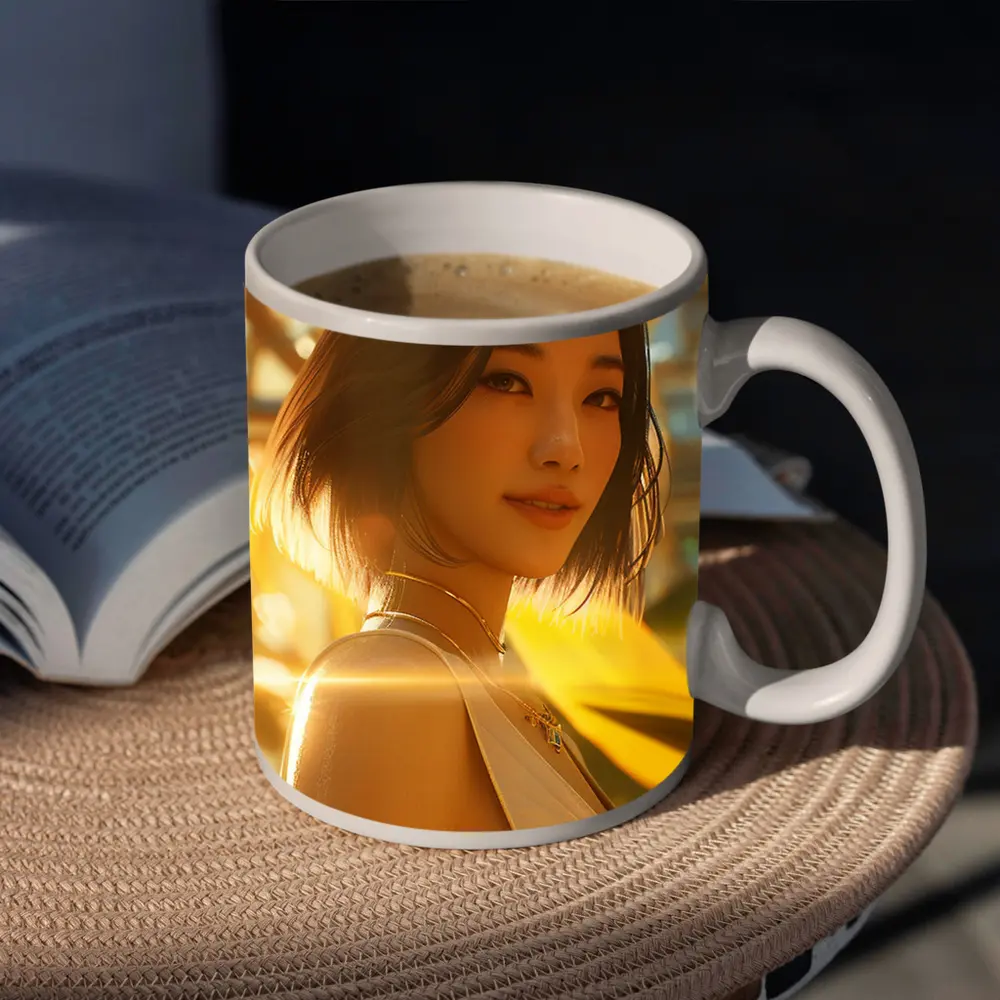Asian Woman Portrait Golden Sunlight Urban Background – Mugs