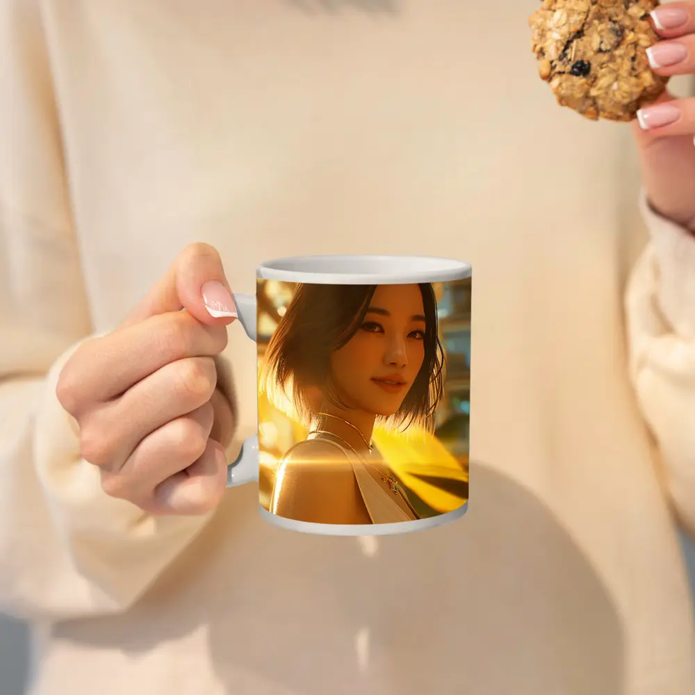 Asian Woman Portrait Golden Sunlight Urban Background – Mugs