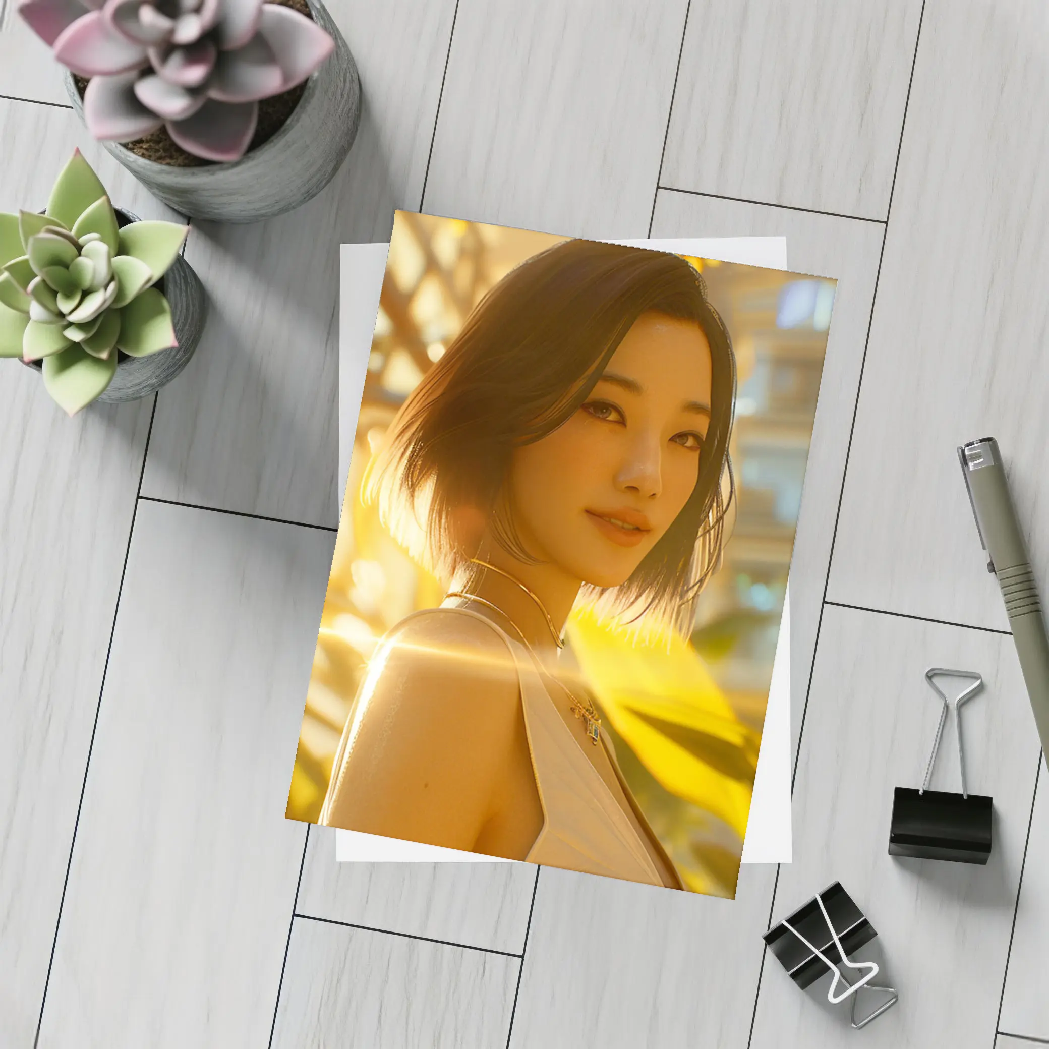 Asian Woman Portrait Golden Sunlight Urban Background – Postcards