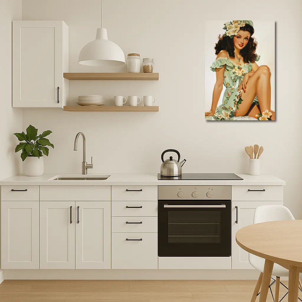 Retro Pin Up Girl Floral Green Dress – Wall Art