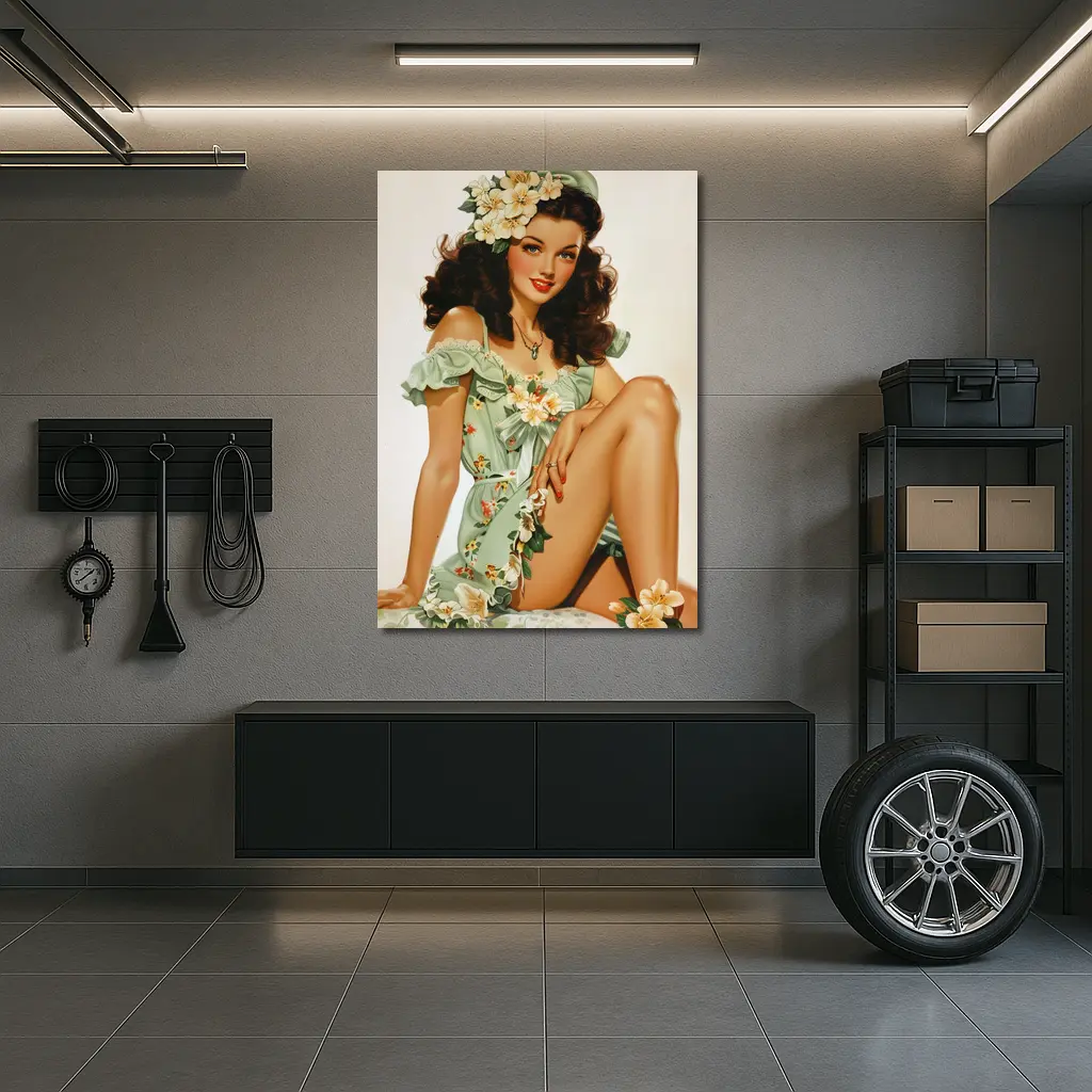 Retro Pin Up Girl Floral Green Dress – Wall Art
