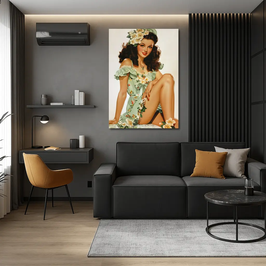 Retro Pin Up Girl Floral Green Dress – Wall Art