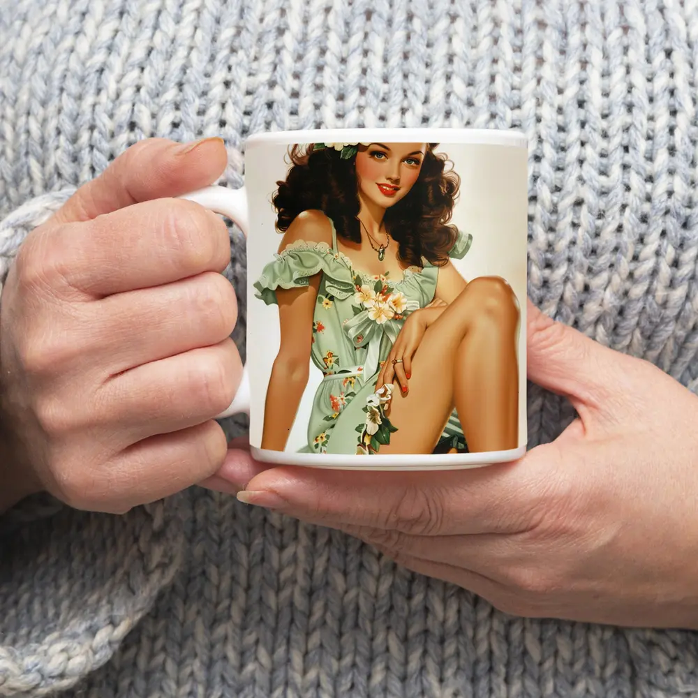 Retro Pin Up Girl Floral Green Dress – Mugs