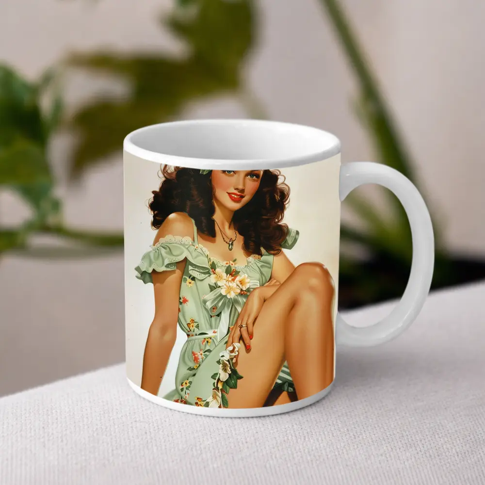 Retro Pin Up Girl Floral Green Dress – Mugs