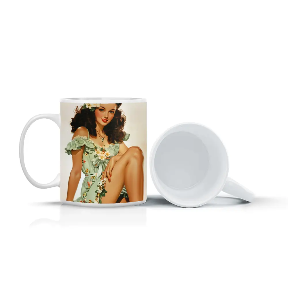 Retro Pin Up Girl Floral Green Dress – Mugs