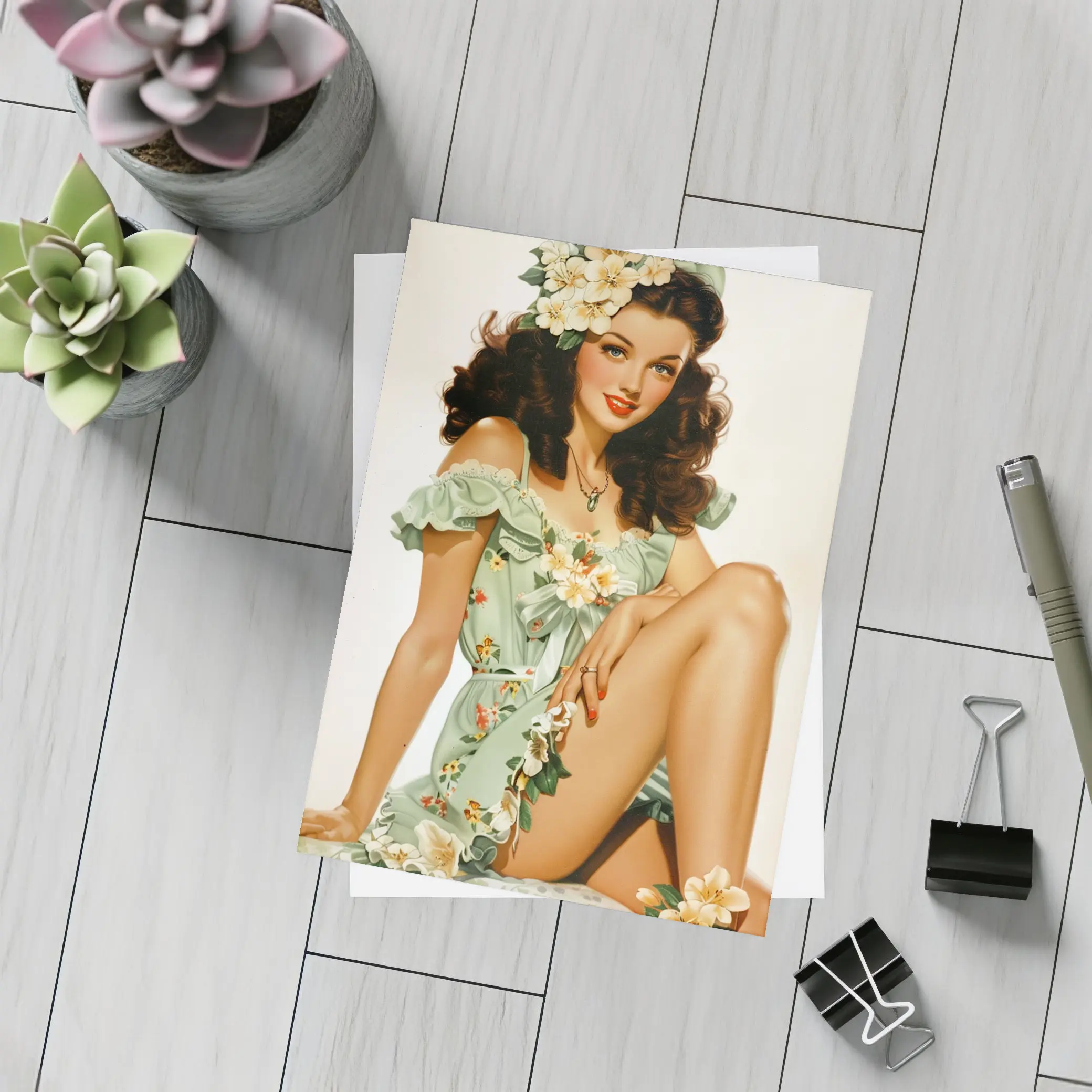 Retro Pin Up Girl Floral Green Dress – Postcards