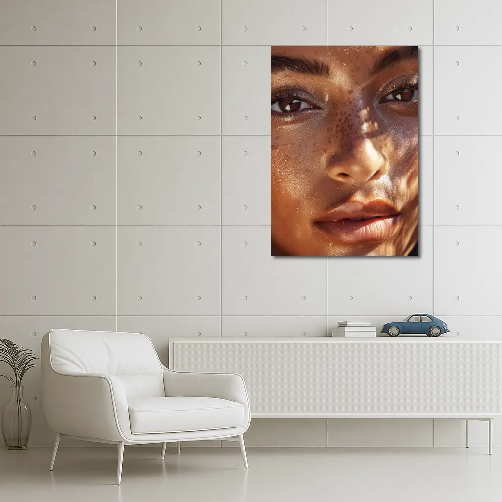 Close Up Woman Face Freckles Glitter – Wall Art