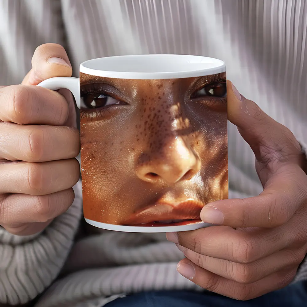 Close Up Woman Face Freckles Glitter – Mugs