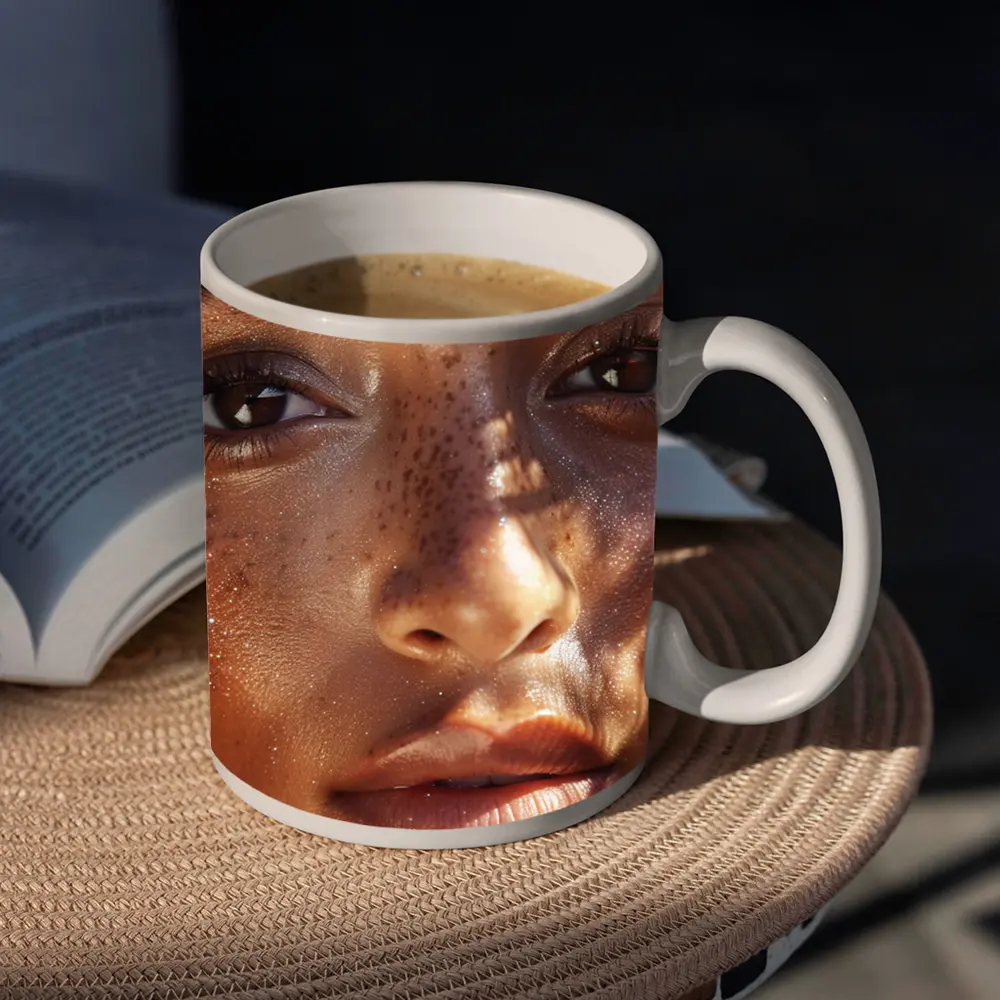 Close Up Woman Face Freckles Glitter – Mugs