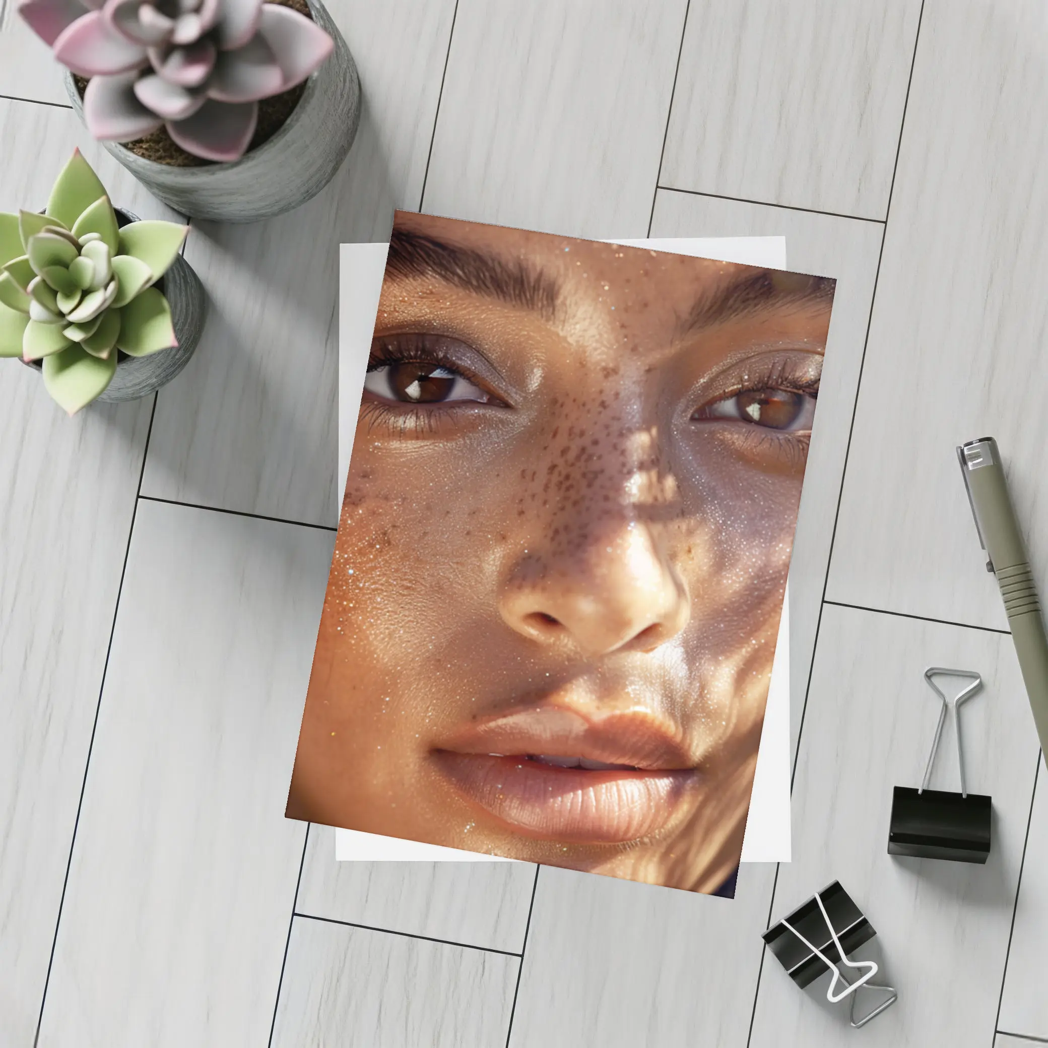 Close Up Woman Face Freckles Glitter – Postcards