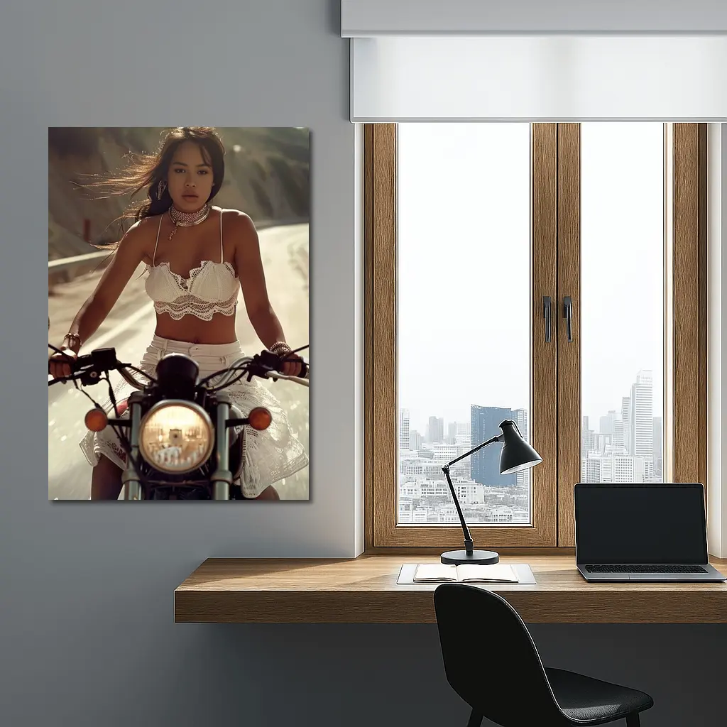 Woman Riding Motorcycle On Open Road – Wall Art