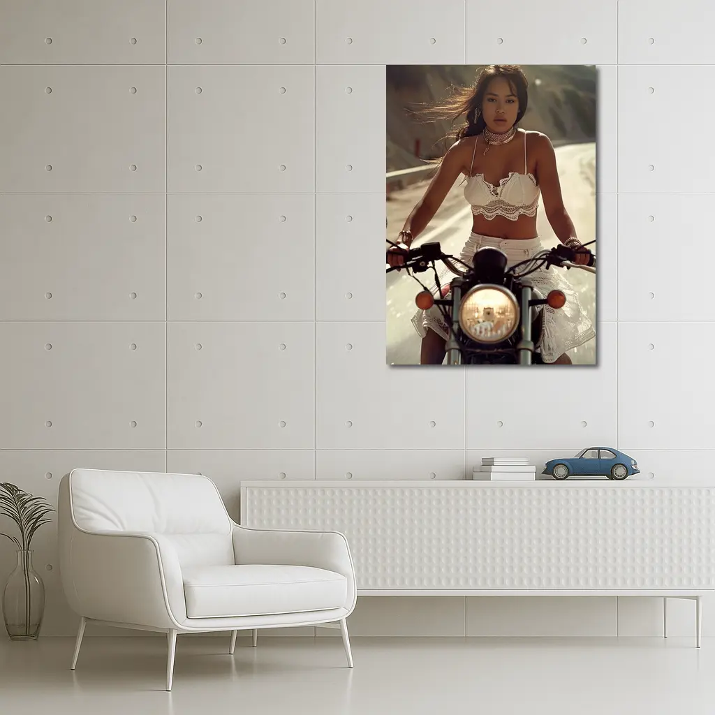 Woman Riding Motorcycle On Open Road – Wall Art
