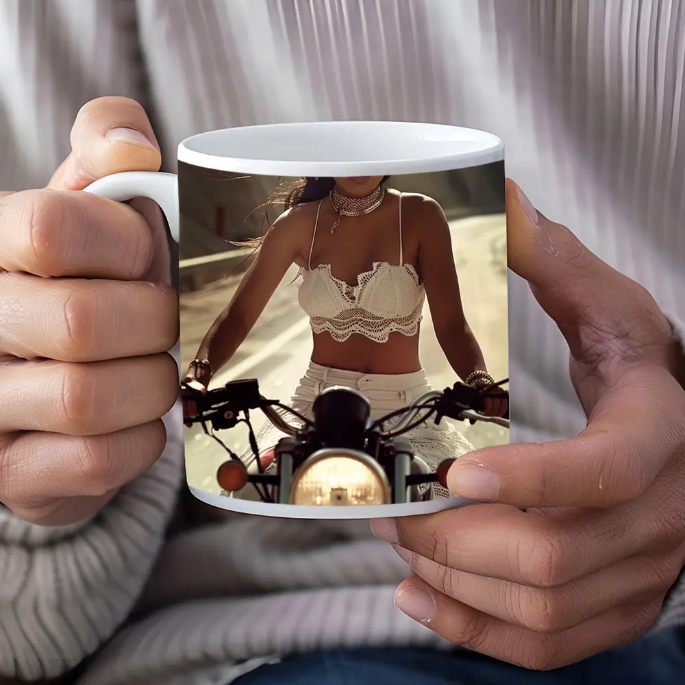 Woman Riding Motorcycle On Open Road – Mugs
