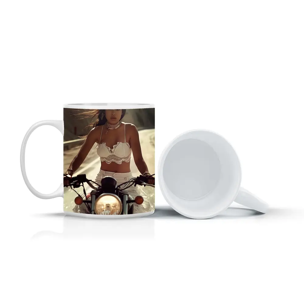 Woman Riding Motorcycle On Open Road – Mugs
