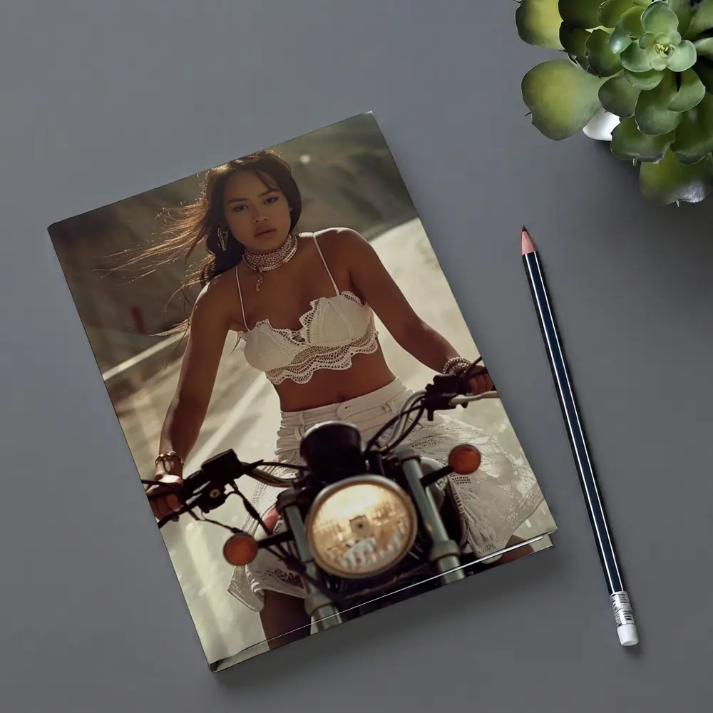 Woman Riding Motorcycle On Open Road – Notebooks