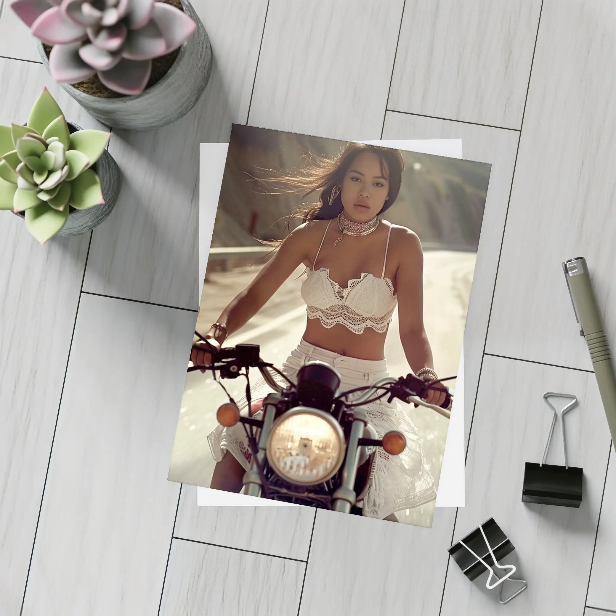 Woman Riding Motorcycle On Open Road – Postcards