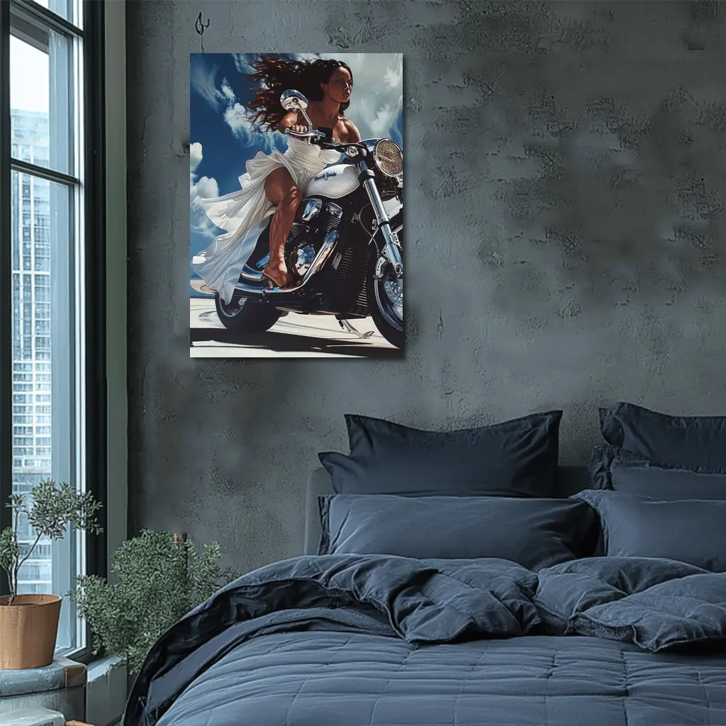 Woman Riding Cruiser Motorcycle Blue Sky – Wall Art
