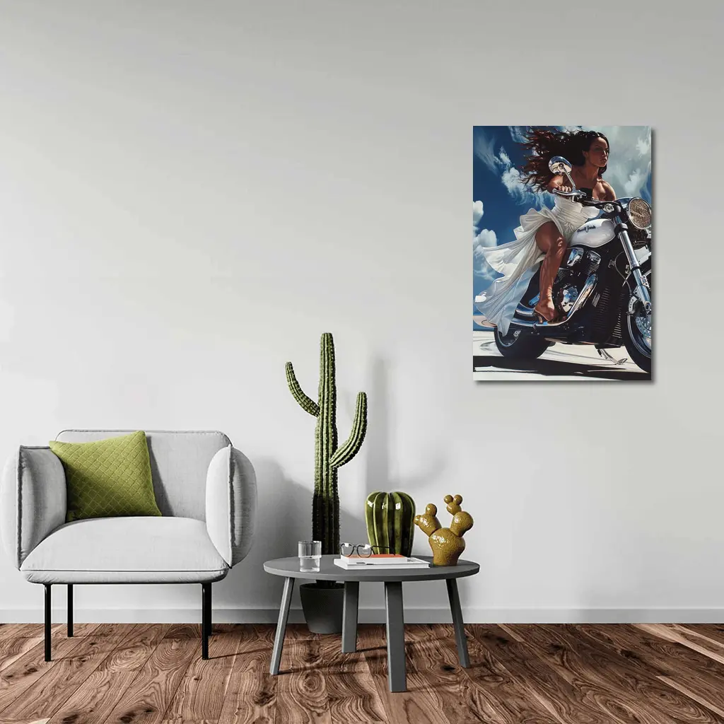 Woman Riding Cruiser Motorcycle Blue Sky – Wall Art