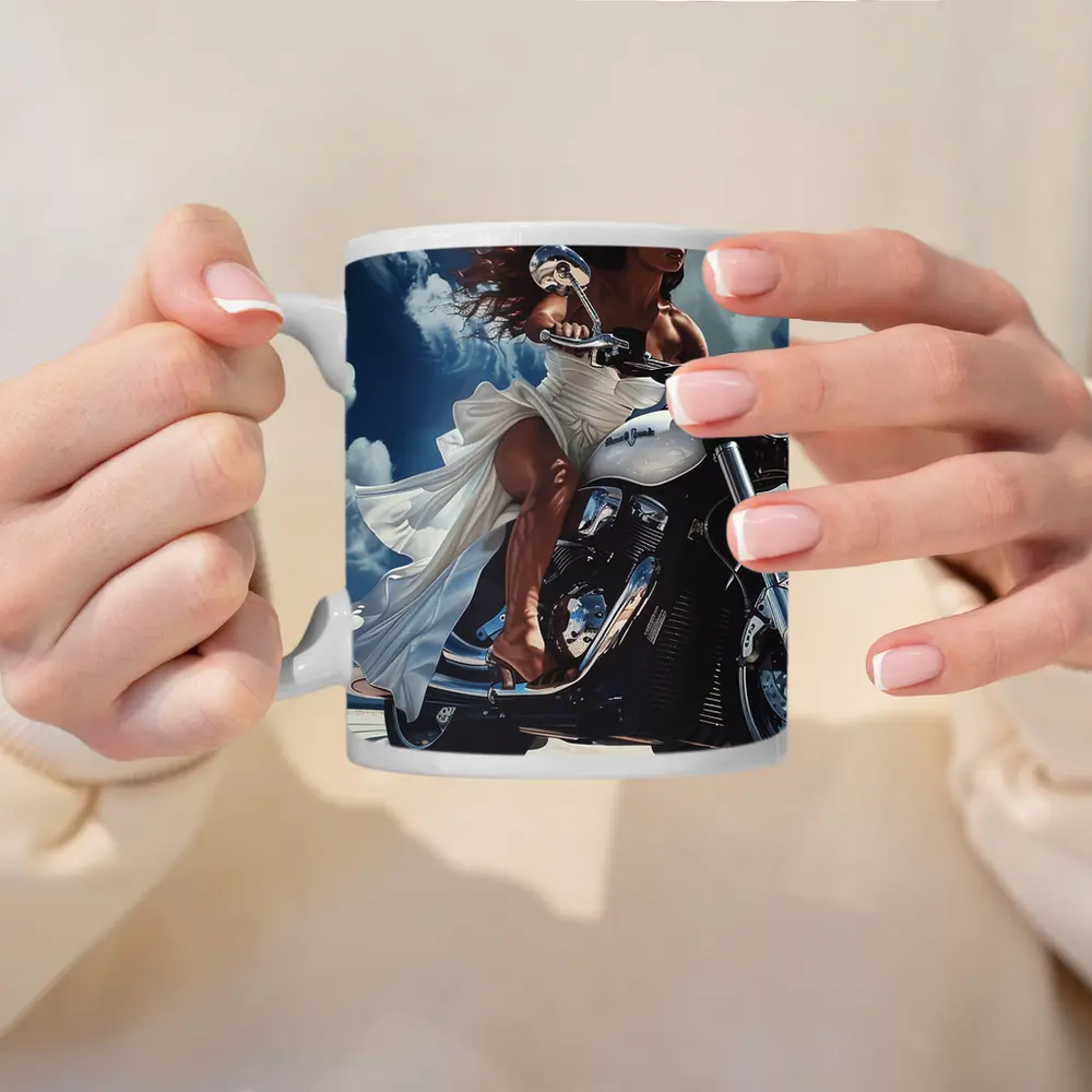 Woman Riding Cruiser Motorcycle Blue Sky – Mugs