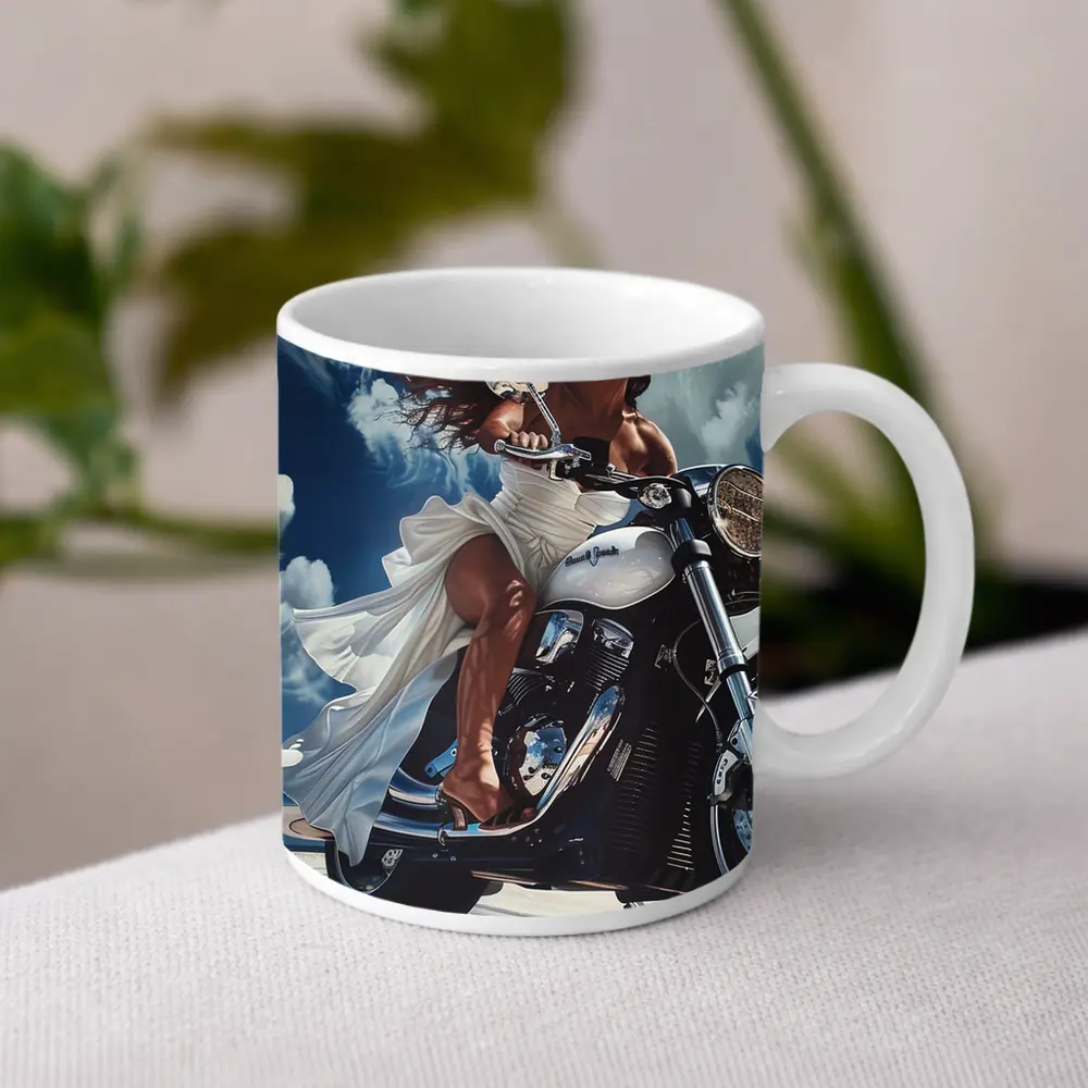 Woman Riding Cruiser Motorcycle Blue Sky – Mugs
