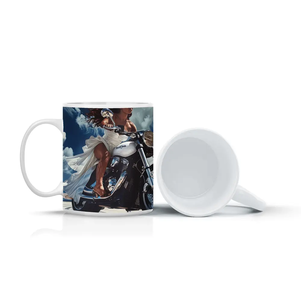 Woman Riding Cruiser Motorcycle Blue Sky – Mugs