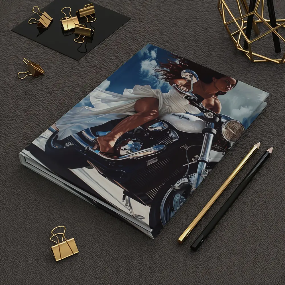 Woman Riding Cruiser Motorcycle Blue Sky – Notebooks