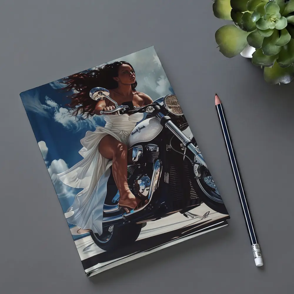 Woman Riding Cruiser Motorcycle Blue Sky – Notebooks